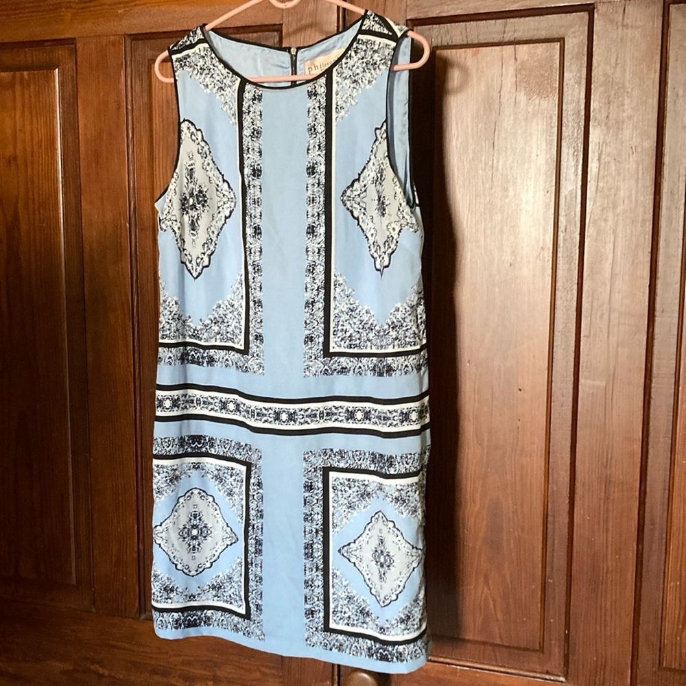 Philosophy New Dusty Blue Black Sleeveless Printed Lightweight Shift Dress 12